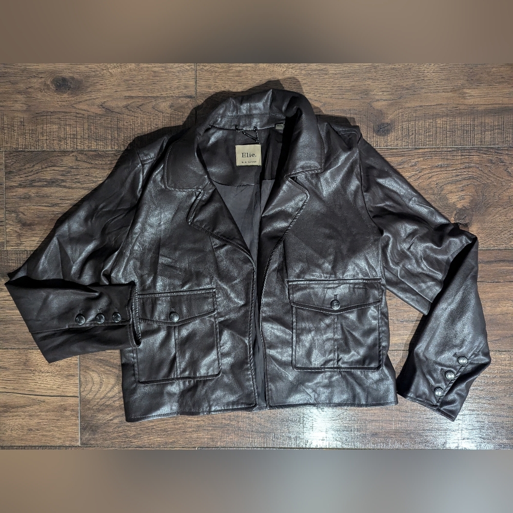 Elie by Elie Tahari Brown Faux Leather Biker Style Open Jacket w/ Buttons Size L
